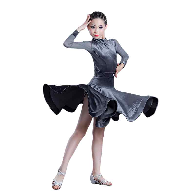 Grey Velvet Ballroom Latin Dance Dresses for Girlskids Competition Latin Salsa Rumba Chacha Performance Party Dancing Clothes