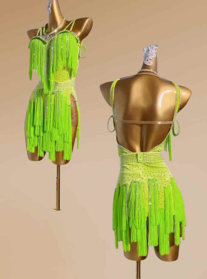 Custom Size Blue Pink Green Fringe Competition Latin Dance Dresses for Women Girls Bling Fringe Slasa Rumba Chacha Dancing Costume