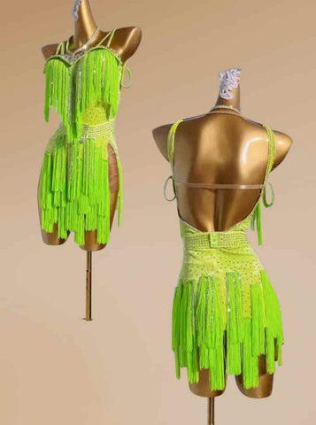 Custom Size Blue Pink Green Fringe Competition Latin Dance Dresses for Women Girls Bling Fringe Slasa Rumba Chacha Dancing Costume