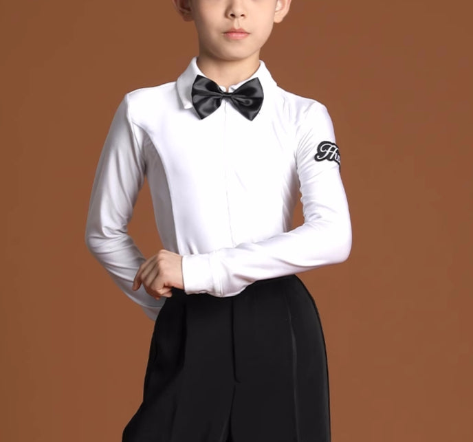 Kids boys white color Professional Latin ballroom Dance Competition shirts Black dance  Pants Standard  dancing costumes for children