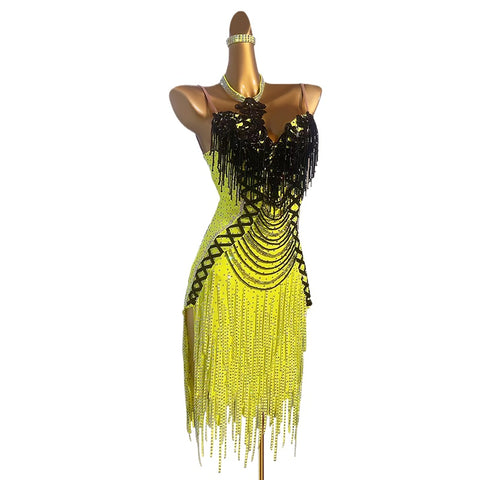 Custom Size Red Yellow Black Blue Fringe Latin Dance Competition Dresses for Womeng Girls Black Pool Salsa Rumba Cha Cha Jive Dancing Costumes