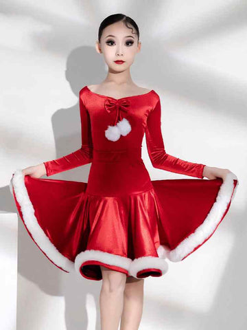 Children's Girl Red Velvet Latin Dance Competition Dresses Salsa Rumba Chacha  Modern Dance Outfits for Kids