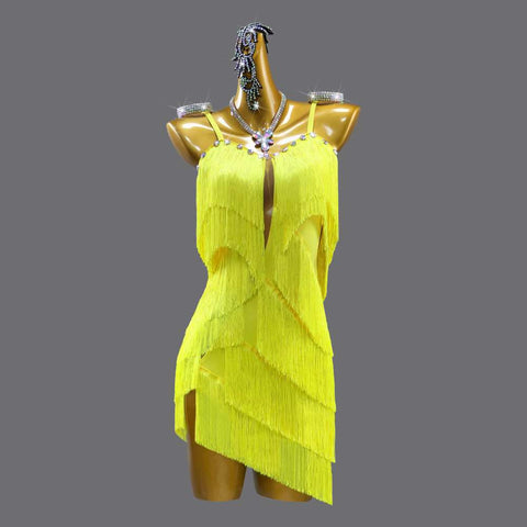 Yellow Latin Dance Dresses for Women Girls Diamond Salsa Rumba Chacha Fringed Skirt Solo Dance Costumes