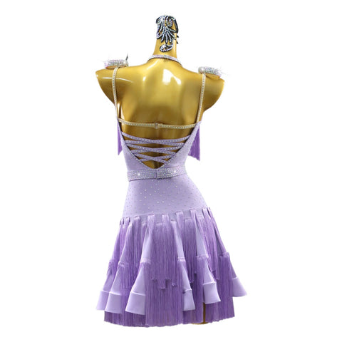 Lavender Purple Fringe Competition Latin Dance Dress for Women Girls Salsa Rumba Latin Cha Cha Jive Performance Flower Costume Solo Dance Dress