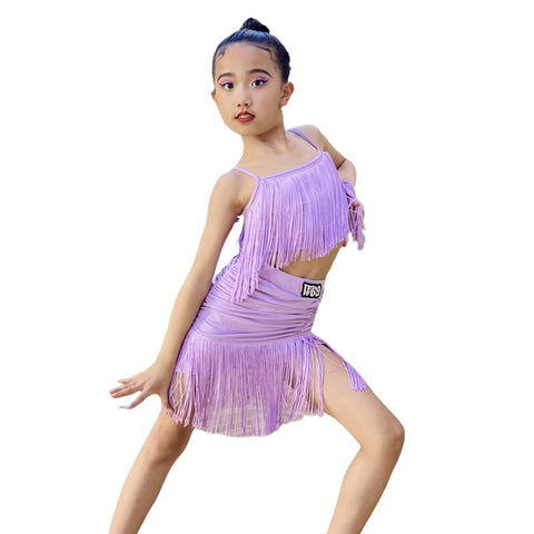 Girls Latin Dance Dresses Fringe Lavender Color Salsa Rumba Chacha Latin Performance Outfits for Kids