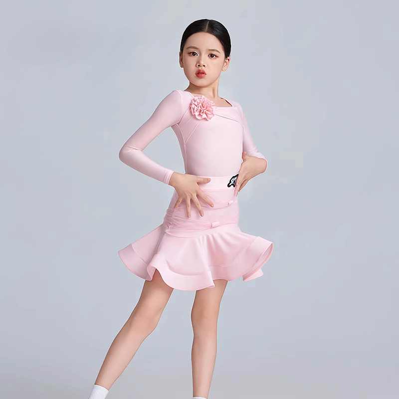 Light Pink Flowers Latin Dance Dresses for Girls Kids Salsa Rumba Chacha Ballroom Performance Training Outfits for Children