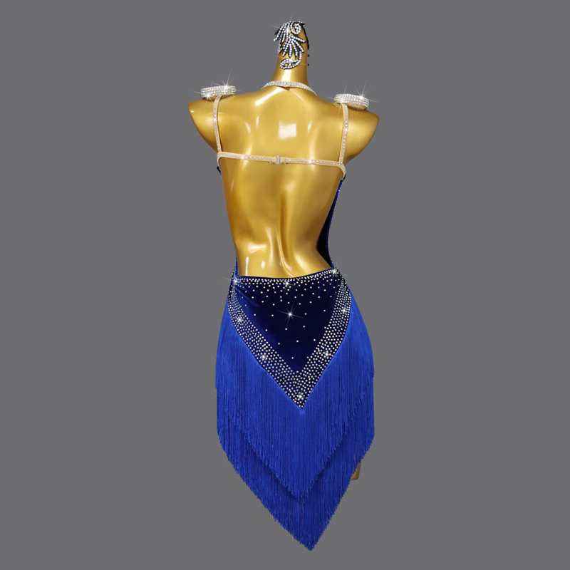 Royal Blue Competition Latin Dance Dresses  for Women Girls Velvet Salsa Rumba Chacha Performance Dress