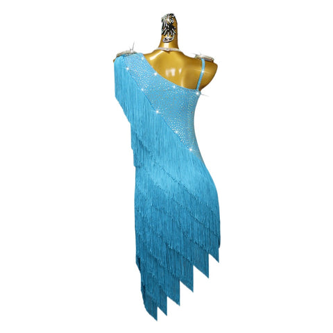 Turquoise Fringe Slant Neck Latin Dance Dresses for Women Girls Professional Fringed Salsa Rumba Chacha Dance Costumes