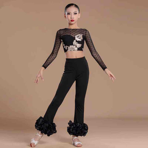 Girls Latin Ballroom Dance Costume Kids Jazz Dance Black Flared Pants Practice Sets Juvenile Salsa Chacha Latin Performance Outfits