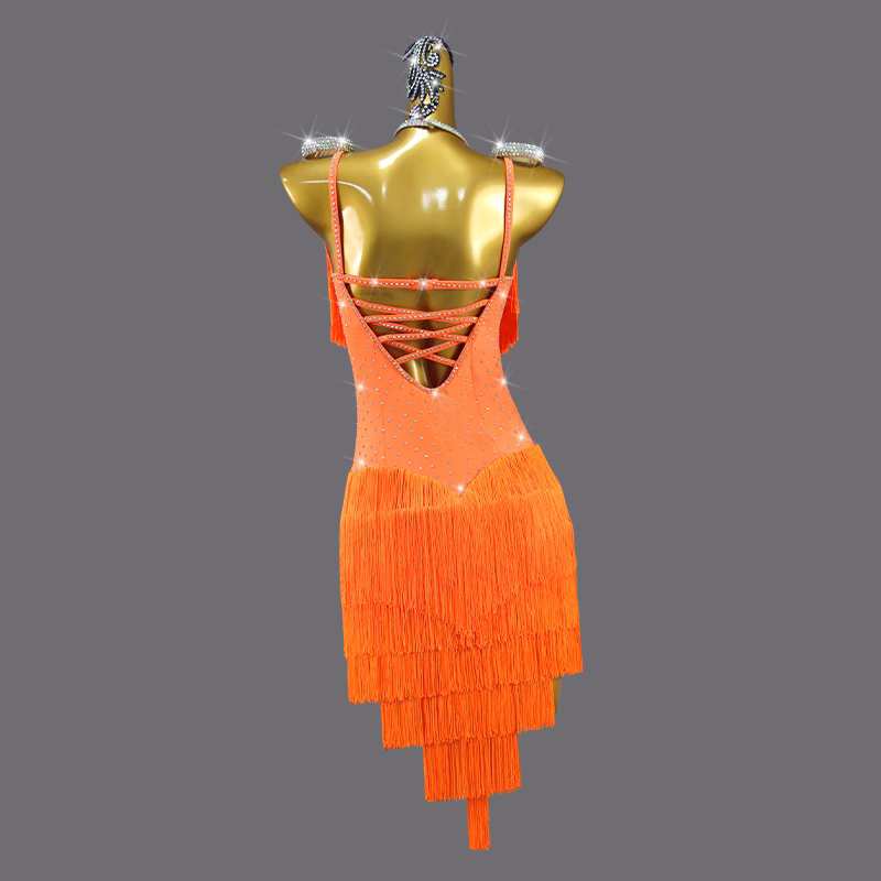 Professional Orange Latin Dance Dresses for Women Girls Tassels Salsa Rumba Chacha Performance Costumes Blackpool Dance Outfits