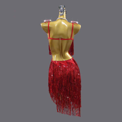 Professional Red Sequin Fringe Gemstones Latin Dance Dresses for Women Girls Salsa Rumba Chacha Show Solo Dance Costumes