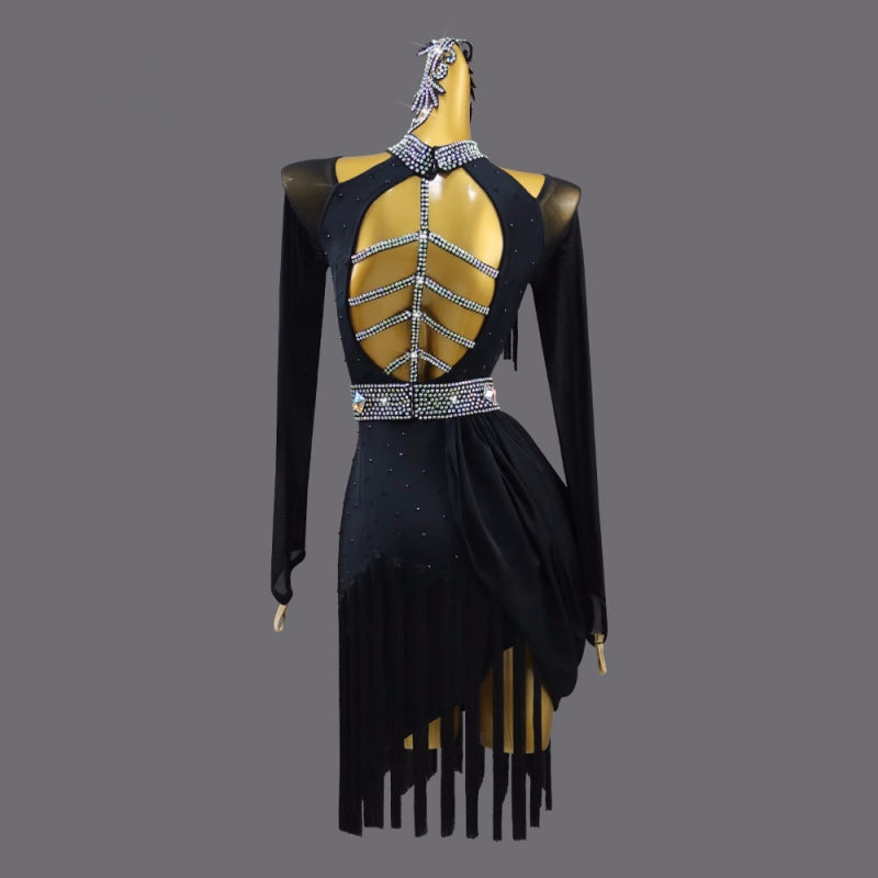 Black fringe competition Professional Latin Dance dresses for women girls salsa rumba chacha gemstones Performance clothes