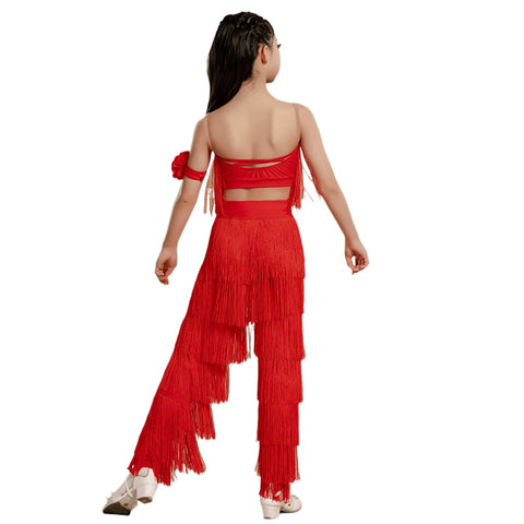 Yellow Red Fringe Latin Dance Dresses for Girls Kids Salsa Chacha Rumba Ballroom Dance Professional Costumes Tops and Pants