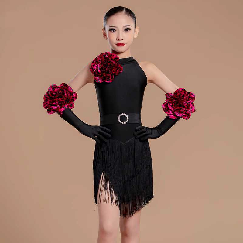 Latin Dance Costume for Girls Black with Wine Flowers Ballroom Salsa Rumba Chacha Dancing Dresses for Kids Girls Solo Dance Outfits