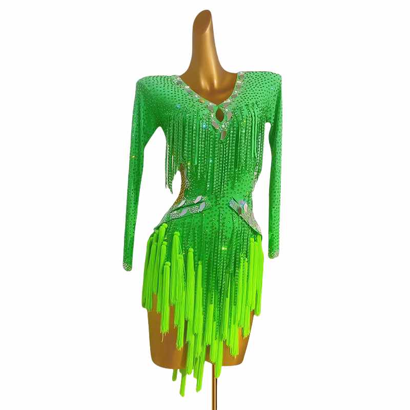 Latin Dance Dresses for Women Girls Green Fringe Sparkling Professional Competition Salsa Rumba Chacha Performance Outfits