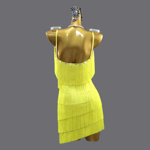 Yellow Latin Dance Dresses for Women Girls Diamond Salsa Rumba Chacha Fringed Skirt Solo Dance Costumes