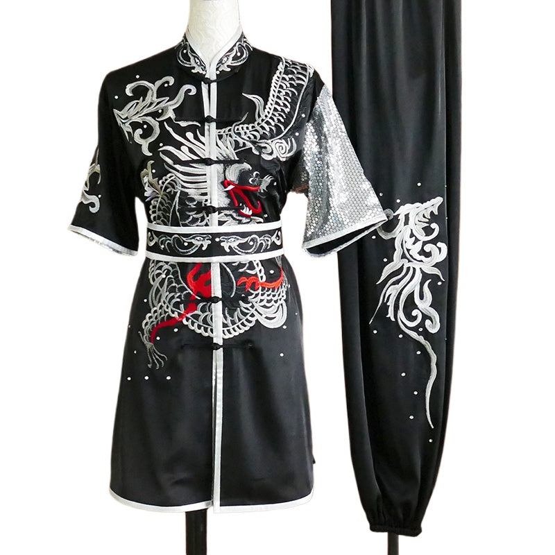 Custom Size Black with White Embroidery Dragon Competition Tai Chi Clothing for Adult Kids Wushu Martial Art Exam Chinese Kung Fu Uniforms