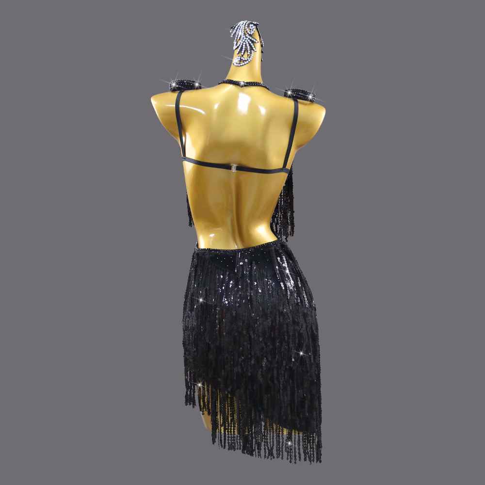 Black Sequined Fringe Latin Dress for Women Girls Performance Competition Costume Bling Salsa Rumba Chacha Dancing Outfits