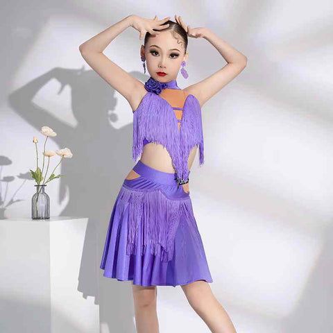 Green Purple Orange Tassels Latin Dance Performance Dresses for Girls Kids Studio Salsa Latin Chacha Ballroom Performance Outfits for Children