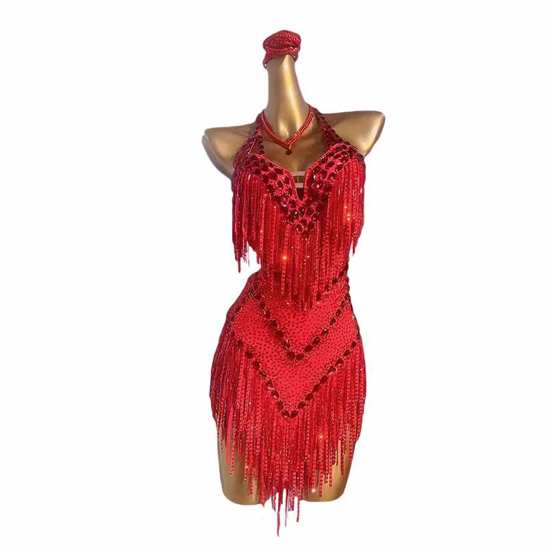 Custom Size Red Rhinestones Fringe Latin Dance Competition Dresses for Women Girls Kids Professional Art Test Dance Salsa Rumba Chacha Performance Outfits