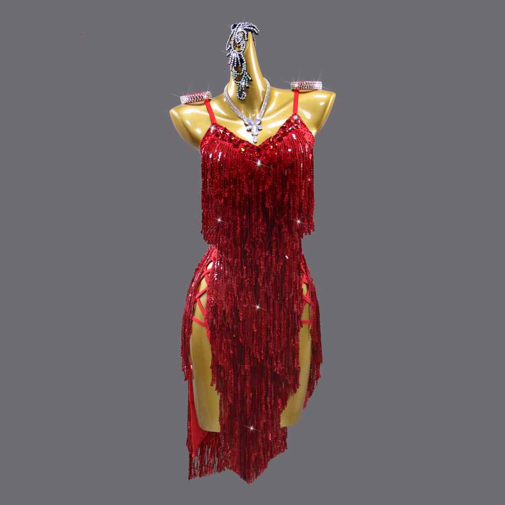 Professional Red Sequin Fringe Gemstones Latin Dance Dresses for Women Girls Salsa Rumba Chacha Show Solo Dance Costumes