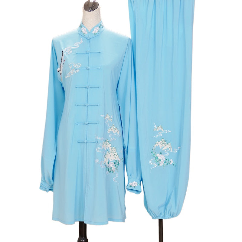 Custom Size Light Blue Crane Embroidered Tai Chi Clothing for Unisex Competition Chinese Kung Fu Martial Art Performance Uniforms Group Taijiquan