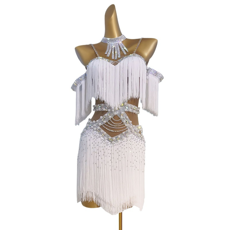 Custom Size White Fringe Competition Latin Dance Dresses for Women Girls Kids Salsa Rumba Chahca Solo Performance Clothing for Party