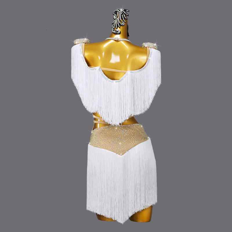 White with Flesh Competition Fringe Latin Dance Dresses for Women Girls Sparkling Solo Salsa Rumba Chacha Dance Flower Clothing