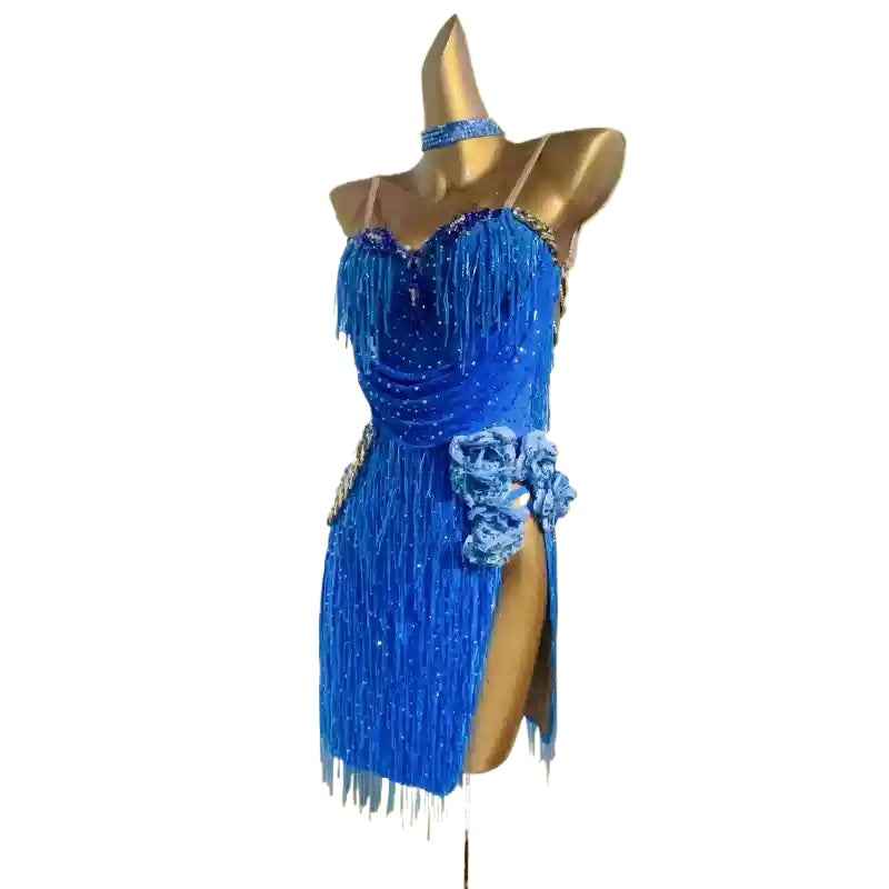 Custom Size Blue Beads Fringe Latin Dance Dresses for Women Girls Latin Salsa Chacha Rumba Competition Costumes