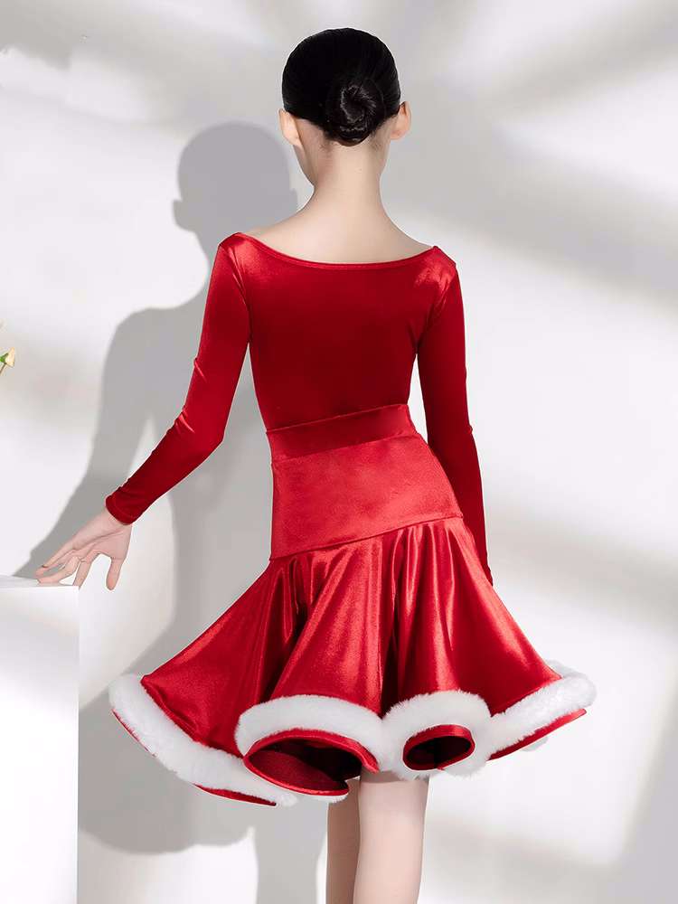 Children's Girl Red Velvet Latin Dance Competition Dresses Salsa Rumba Chacha  Modern Dance Outfits for Kids