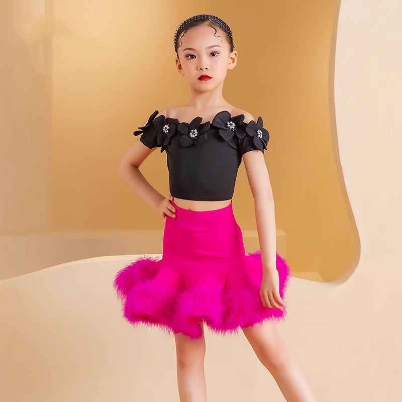 Hot Pink Feather Black Flowers Latin Dance Dresses for Girls Kids Dew Shoulder Salsa Rumba Chacha Ballroom Modern Dancing Outfits Performance Test Clothes