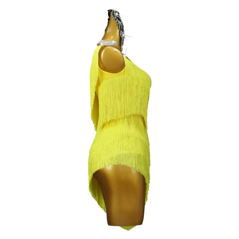 Yellow Fringe Slant Competition Latin Dance Dresses for Women Girls Salsa Rumba Cha Cha Jive Performance Clothing Solo Dance Inclined Skirts