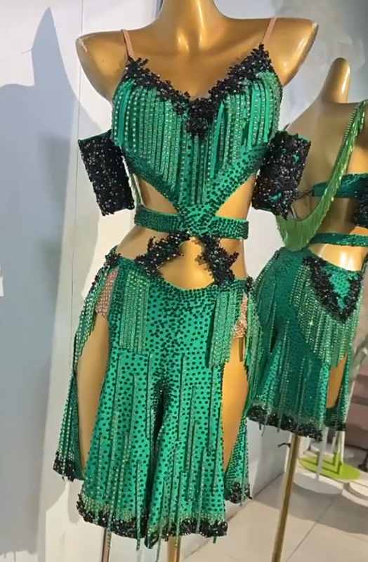 Custom Size Green Fringe Competition Latin Dance Dresses for Women Girls Salsa Rumba Chacha Samba Stones Performance Costumes