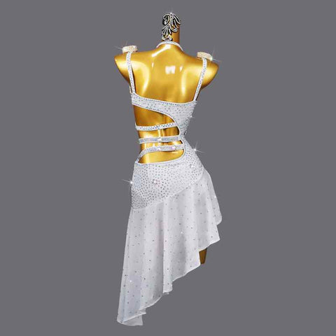 White Bling Ruffles Latin Dance Dresses for Women Girls Rhinestones Irregular Skirts Salsa Rumba Chach Professional Blackpool Dance Costumes