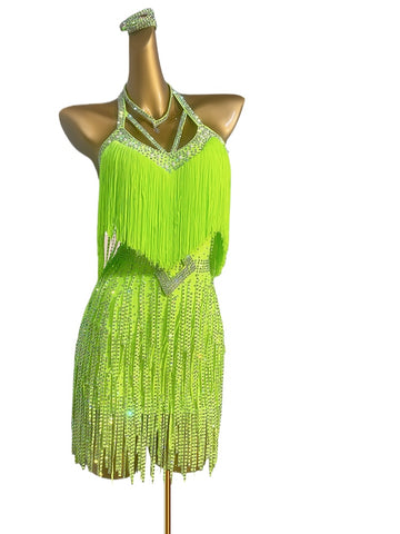 Custom Size Neon Green Orange Competiiton Latin Dance Dresses for Women Girls Stones Fringe Salsa Rumba Chacha Blackpool Dance Costumes