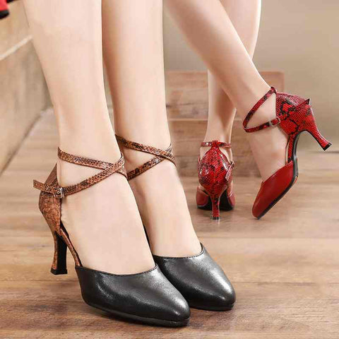 Fashion Red Black Snake Latin Modern Dance Shoes for Women Tango Waltz Ballroom Professional Soft-soled Dance Shoes