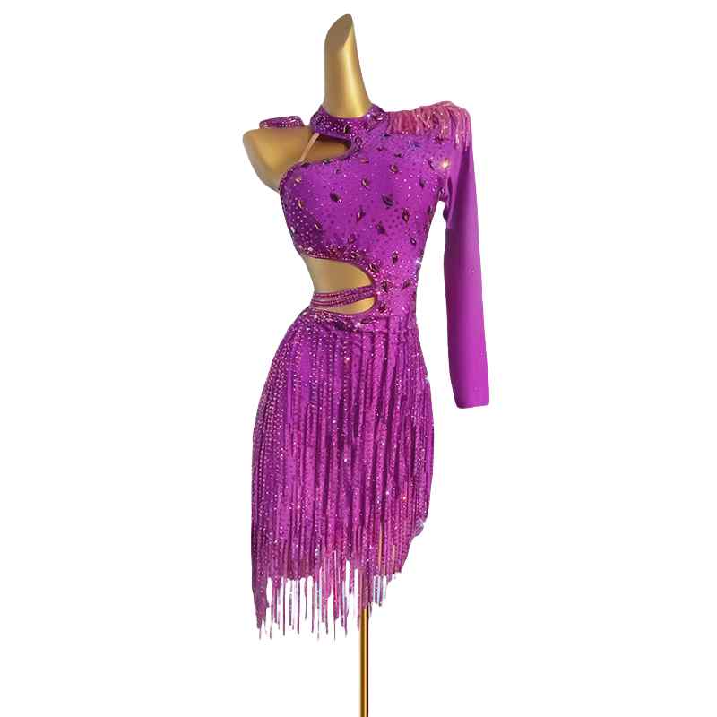 Custom Size Orange Purple Latin Dance Competition Dresses for Kids Girl One Shoulder Women Art Test Dance Costumes Bing Fringe Skirt