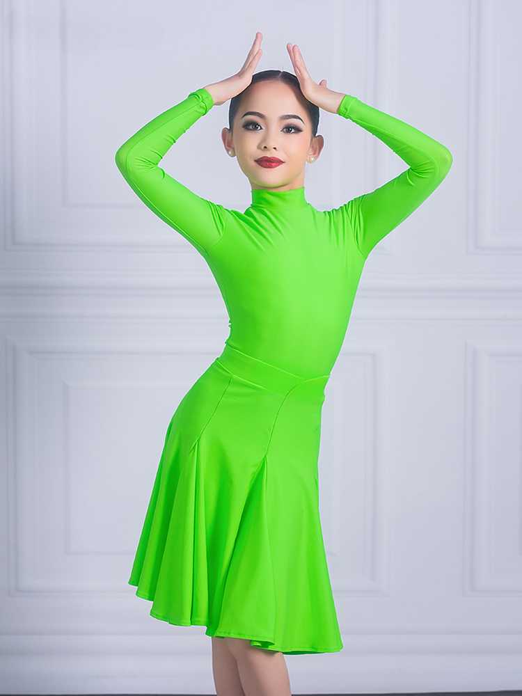 Orange green Latin dance regulations ballroom dance dress kids girls professional turtleneck salsa latin dance outfits for children