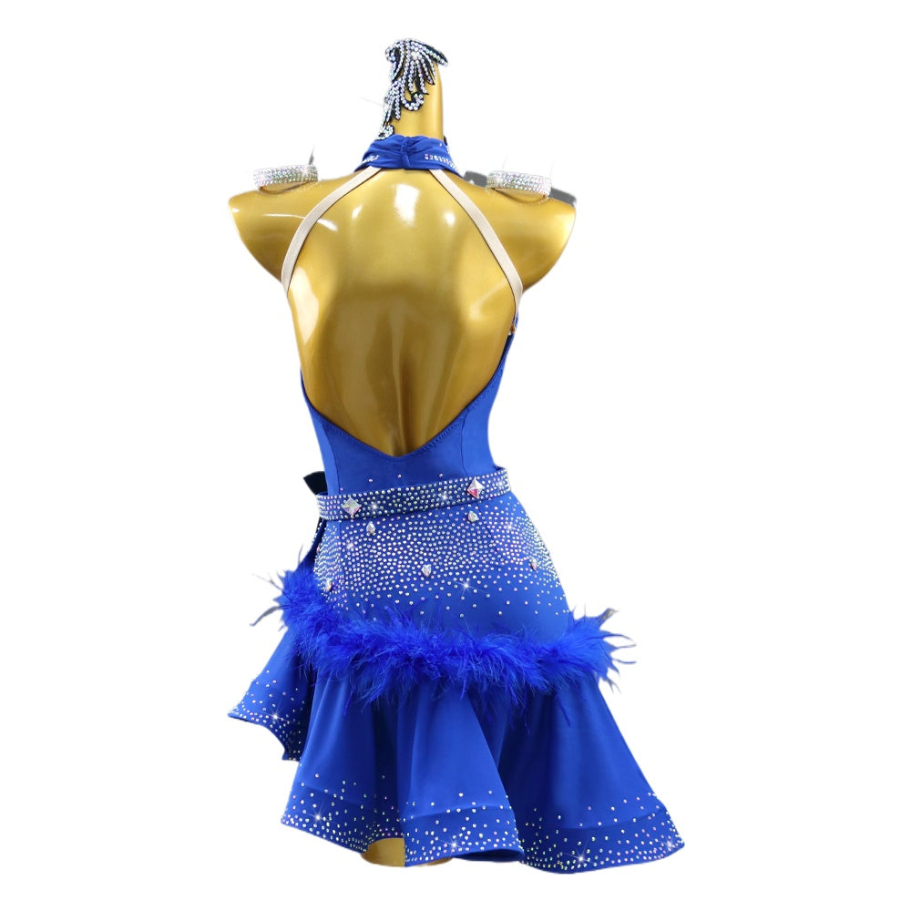 Royal Blue Feather Latin Dance Dresses for Women Girls Halter Neck Salsa Rumba Chacha Competition Performance Wear