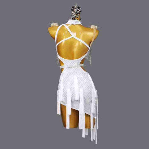 White Tassel Professional Latin Dance Dresses for Women Girls One Shoulder Gemstones Salsa Rumba Chacha Performance Clothing