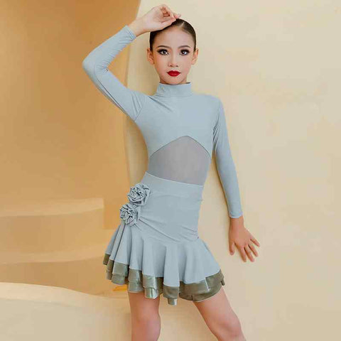 Grey Boneless Latin Dance Dresses for Girls Kids Flowers Long Sleeve Salsa Chacha Latin Ballroom Exam Competition Performance Skirt