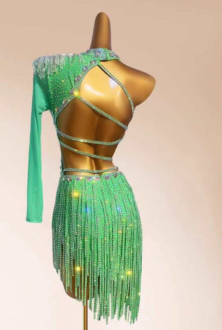 Custom size green fringed rhinestones Latin dance dress for women girls kids children salsa rumba chacha dance solo dance flower clothes blackpool art clothes