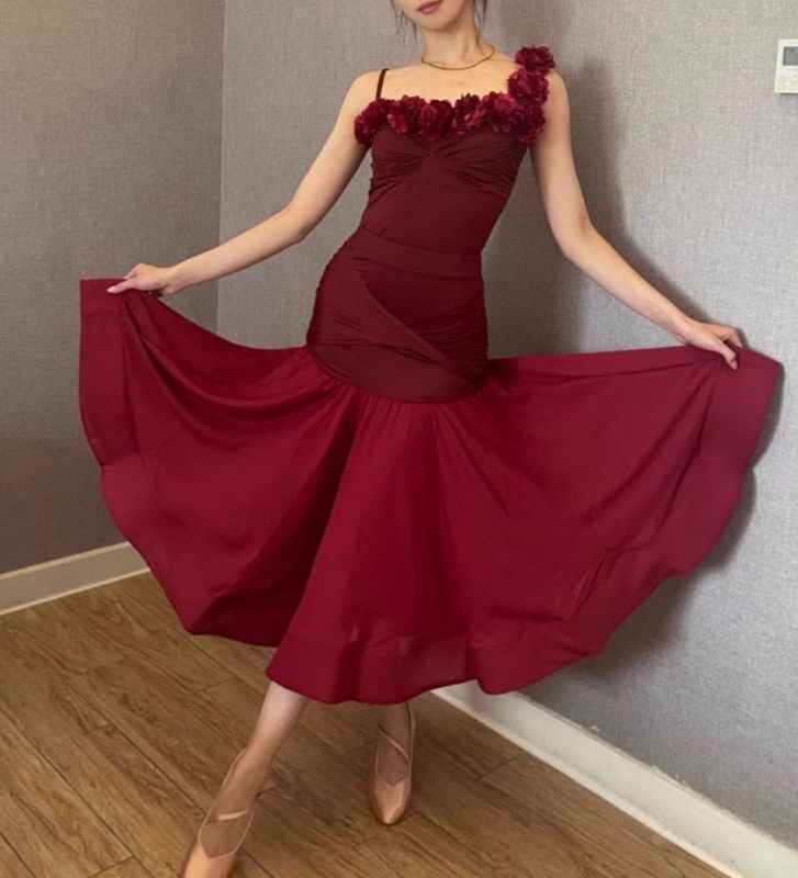 Women girls One Shoulder Slant Neck Flowers Ballroom Dance Dresses  Burgundy Black Waltz Tango Foxtrot Smooth Dance Rhythm Performance Long Skirts