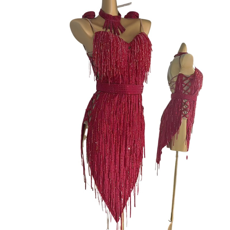 Custom Size Competition Latin Dance Dresses for Women Girls Pink Yellow Wine Bling Fringe Rumba Salsa Cha Cha Dance Wear