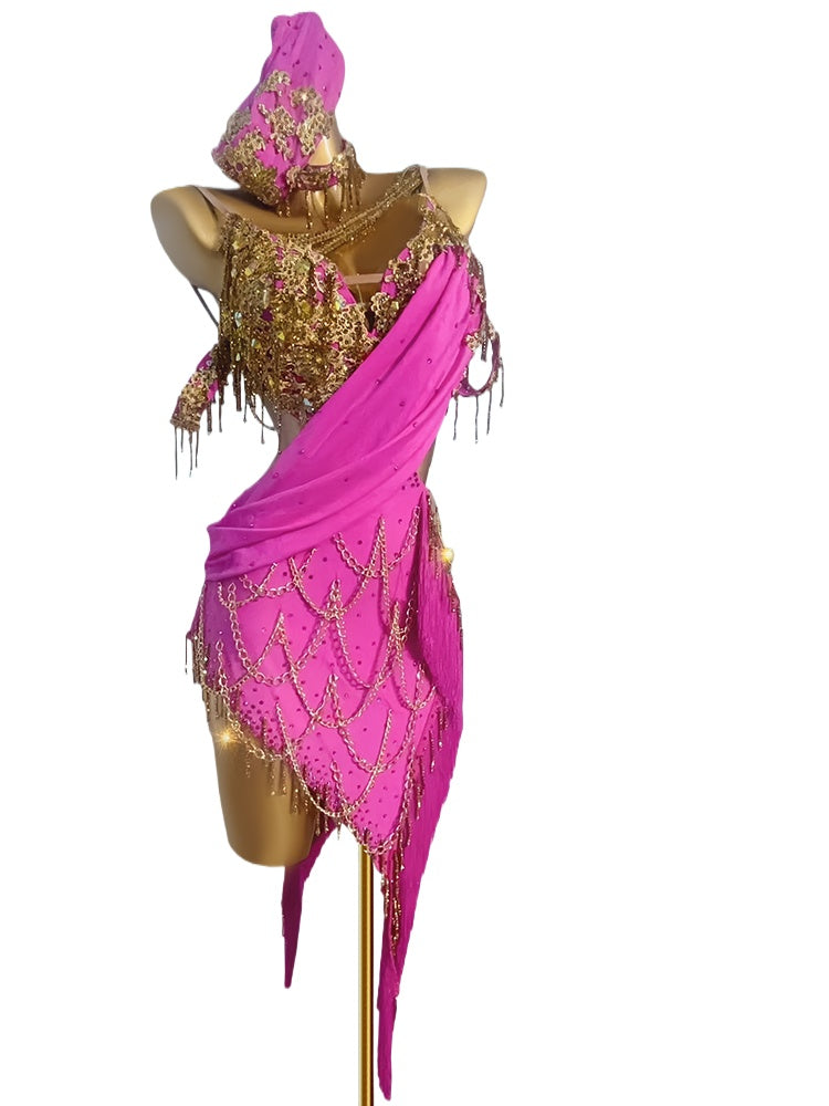 Custom Size Gold with Green Pink Fringe Competition Latin Dance Dresses for Women Girls Kids Latin Salsa Rumba Blackpool Latin Solo Dance Costumes