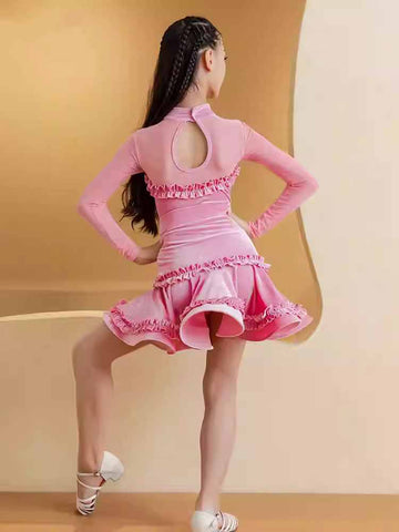 Pink Green Velvet Lace Latin Dance Dresses for Girls Kids Salsa Rumba Chacha Ballroom Professional Dance Performance Competition Outfits for Children