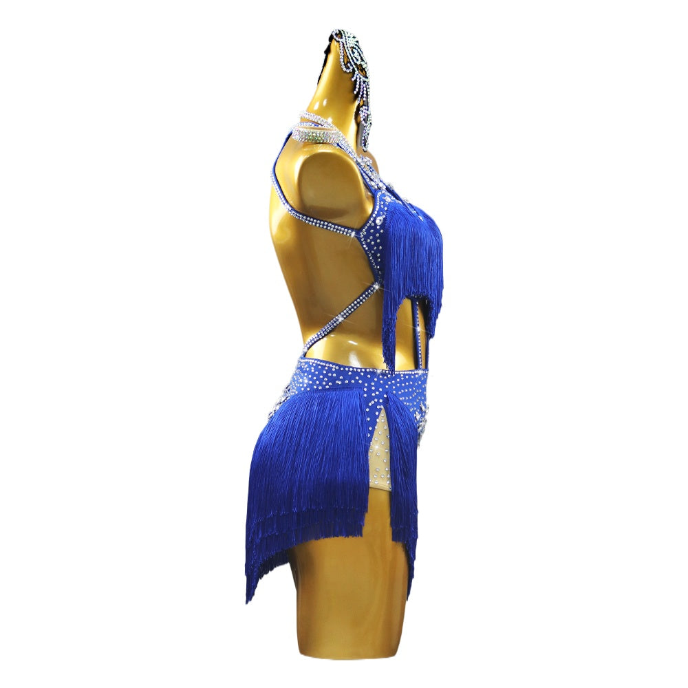 Royal Blue Fringe Latin Dresses for Women Girls Rhinestones Salsa Rumba Chacha Professional Dance Costumes