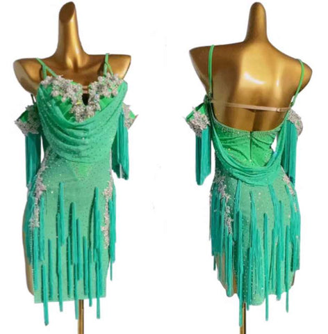 Custom size mint green Latin dance dresses for women kids  girls competition salsa rumba chacha performance costumes solo dancewear art test