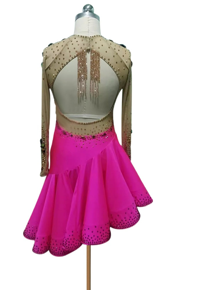 Custom Size Orange Fuchsia Rhinestones Latin Dance Dresses for Women Girls Kids Cha Cha Latin Ballroom Rumba Salsa Performance Costumes