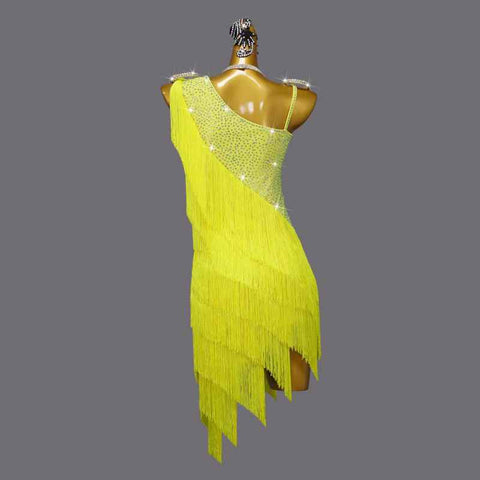 Yellow Fringe Competition Latin Dance Dresses for Women Girls One shoulder Salsa Rumba Chacha  Senior Dance Costumes